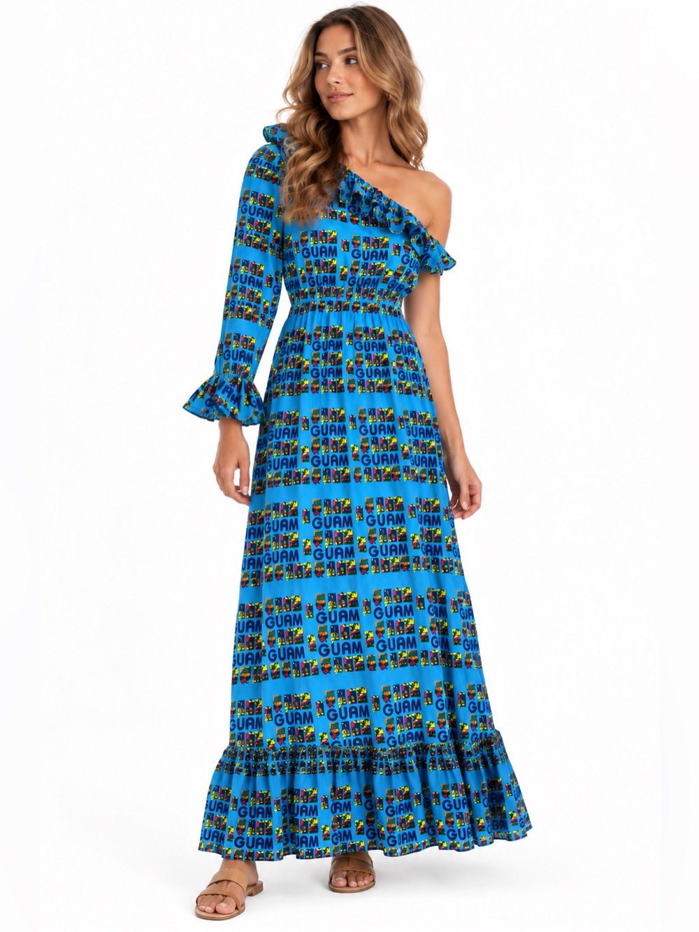 Handmade Guam Tropical Print One Shoulder Ruffle Maxi Dress Medium